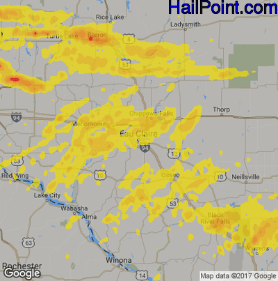 Hail Map for Eau Claire, WI Region on August 26, 2018 