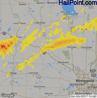 Hail Map for St Cloud, MN Region on August 27, 2018