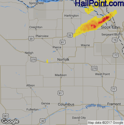 Hail Map for Norfolk, NE Region on August 27, 2018