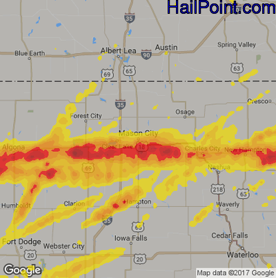 Hail Map for Mason City, IA Region on August 28, 2018