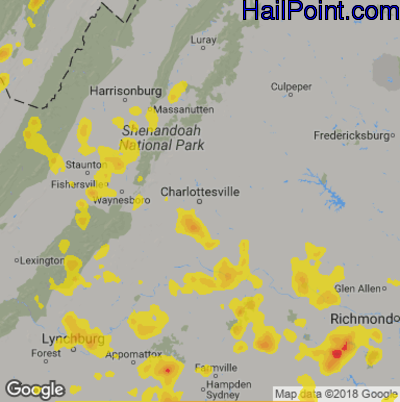 Hail Map for Charlotttesville, VA Region on August 30, 2018