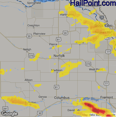 Hail Map for Norfolk, NE Region on September 18, 2018
