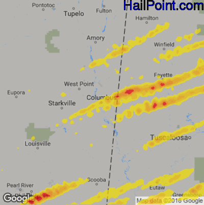 Hail Map for Columbus, MS Region on March 14, 2019 