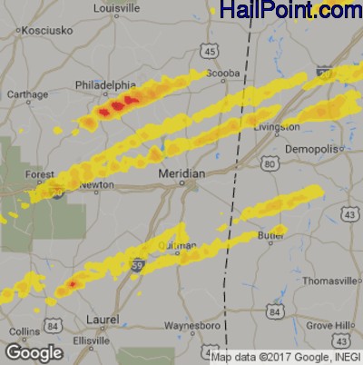 Hail Map for Meridan, MS Region on March 14, 2019 