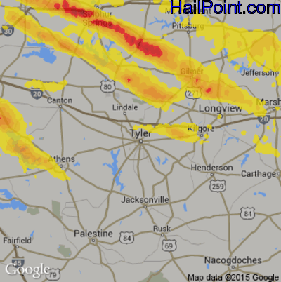 Hail Map for Tyler, TX Region on March 25, 2019