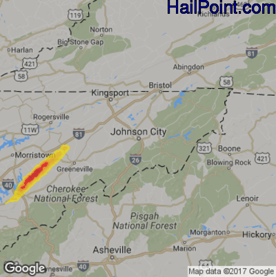Hail Map for Johnson City, TN Region on April 7, 2019