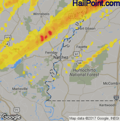 Hail Map for Natchez, MS Region on April 13, 2019 