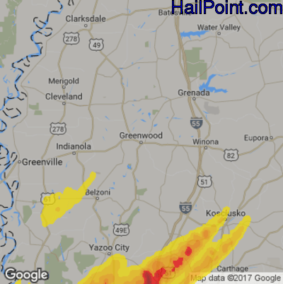 Hail Map for Greenwood, MS Region on April 13, 2019