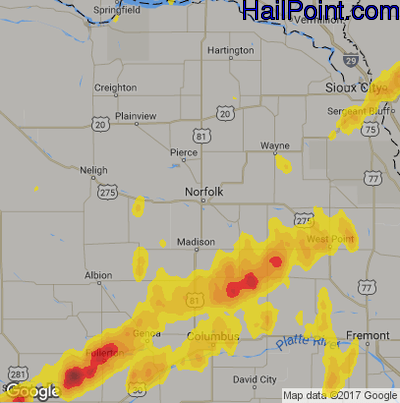 Hail Map for Norfolk, NE Region on April 22, 2019