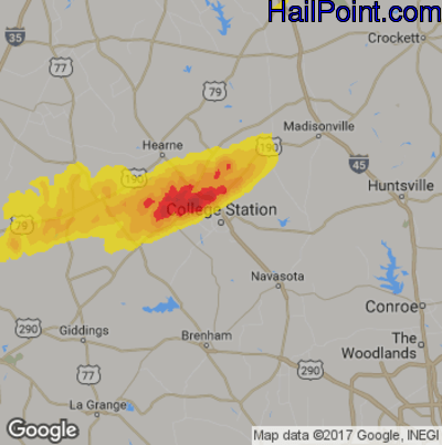 Hail Map for College Station, TX Region on April 24, 2019 