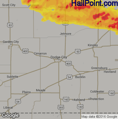 Hail Map for Dodge City, KS Region on April 29, 2019