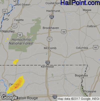 Hail Map for McComb, MS Region on May 8, 2019 