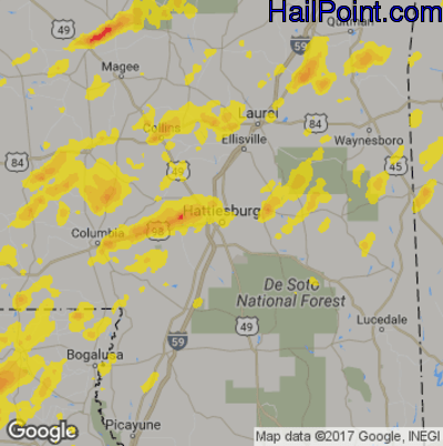 Hail Map for Hattiesburg, MS Region on May 9, 2019