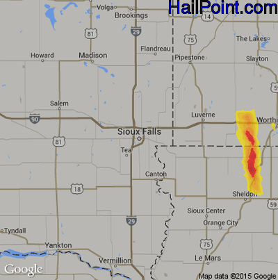 Hail Map for Sioux Falls, SD Region on May 15, 2019