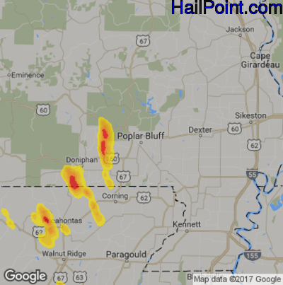 Hail Map for Poplar Bluff, MO Region on May 15, 2019