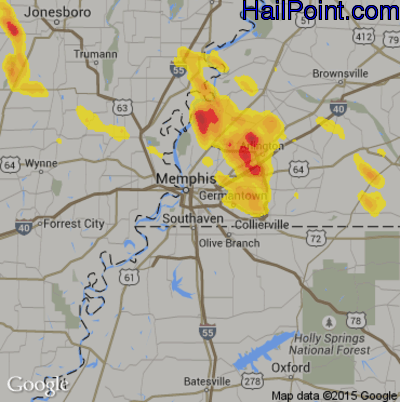 Hail Map for Memphis, TN Region on May 15, 2019