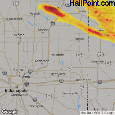 Hail Map for Muncie, IN Region on May 17, 2019