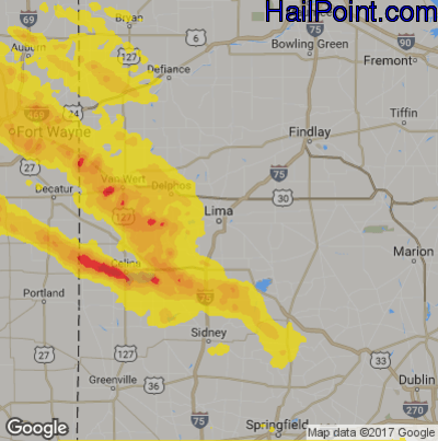 Hail Map for Lima, OH Region on May 17, 2019 