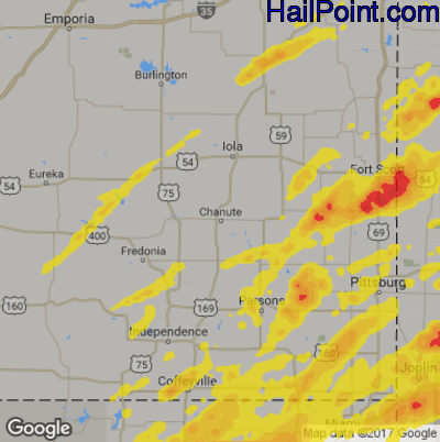 Hail Map for Chanute, KS Region on May 22, 2019