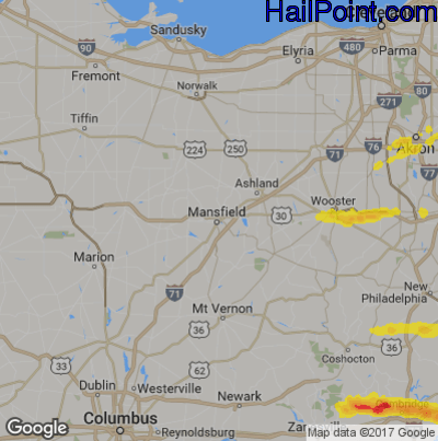 Hail Map for Mansfield, OH Region on May 25, 2019 