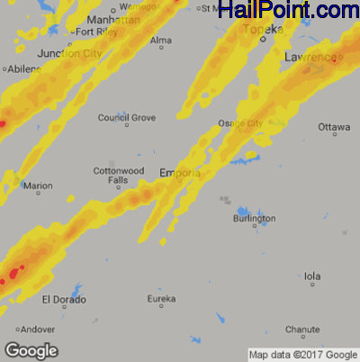 Hail Map for Emporia, KS Region on May 28, 2019 