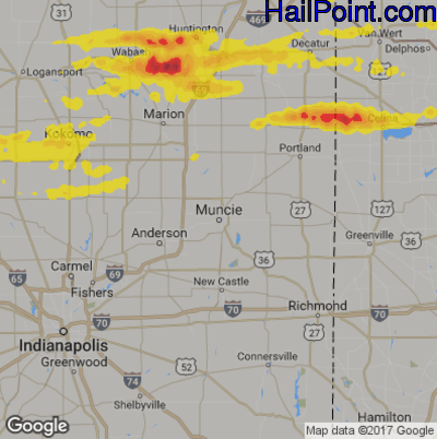 Hail Map for Muncie, IN Region on May 28, 2019