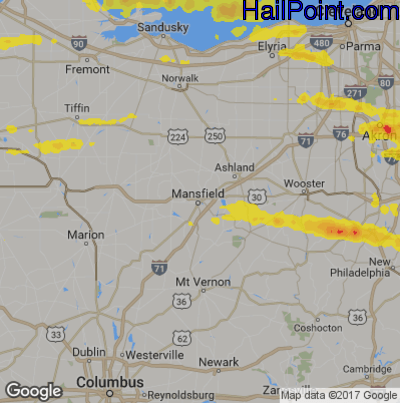 Hail Map for Mansfield, OH Region on May 28, 2019 