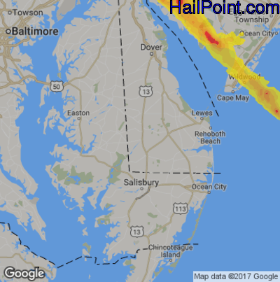 Hail Map for Seaford, DE Region on May 28, 2019