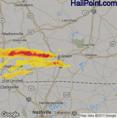 Hail Map for Bowling Green, KY Region on May 29, 2019 