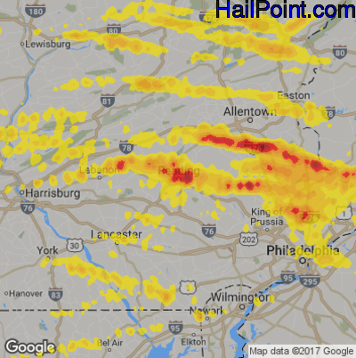 Hail Map for Reading, PA Region on May 29, 2019