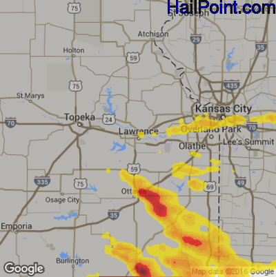 Hail Map for Lawerence, KS Region on June 1, 2019