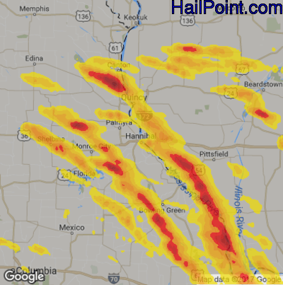 Hail Map for Hannibal, MS Region on June 1, 2019