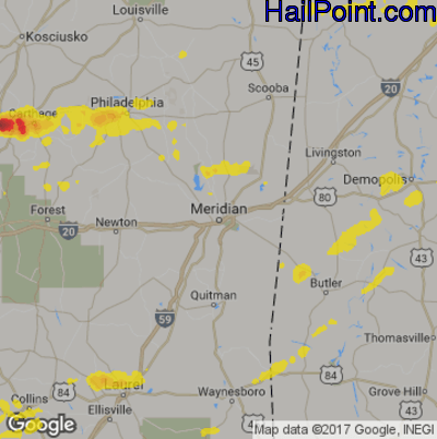 Hail Map for Meridan, MS Region on June 7, 2019