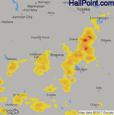 Hail Map for Emporia, KS Region on June 16, 2019