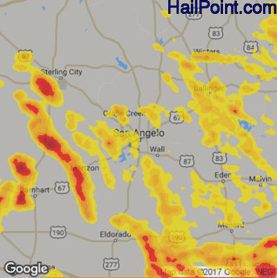 Hail Map for San Angelo, TX Region on June 16, 2019