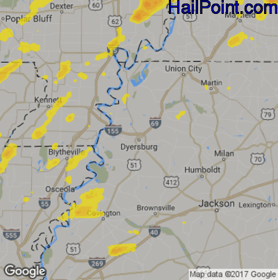 Hail Map for Dyersburg, TN Region on June 21, 2019