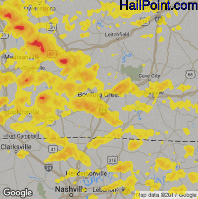 Hail Map for Bowling Green, KY Region on June 21, 2019 