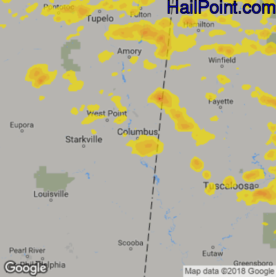 Hail Map for Columbus, MS Region on June 22, 2019