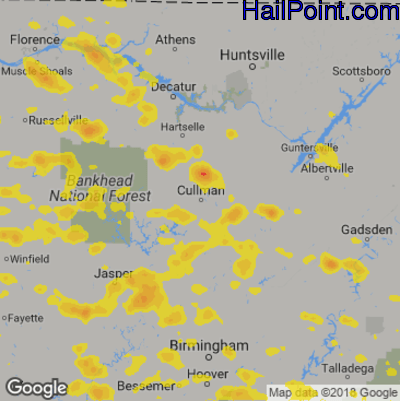 Hail Map for Cullman, AL Region on June 22, 2019 