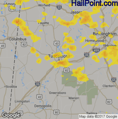 Hail Map for Tuscaloosa, AL Region on June 22, 2019
