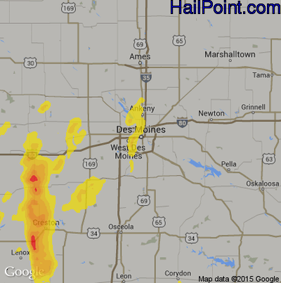 Hail Map for Des Moines, IA Region on June 22, 2019