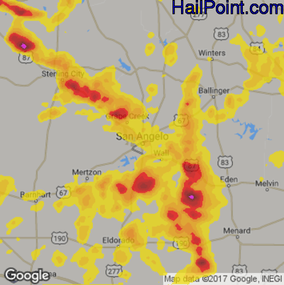 Hail Map for San Angelo, TX Region on June 24, 2019