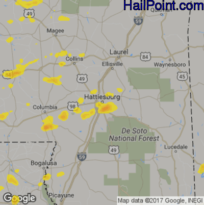 Hail Map for Hattiesburg, MS Region on June 25, 2019