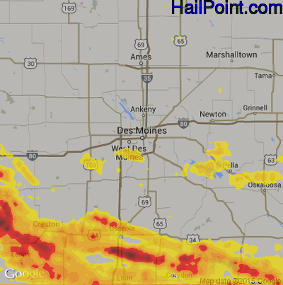 Hail Map for Des Moines, IA Region on June 25, 2019