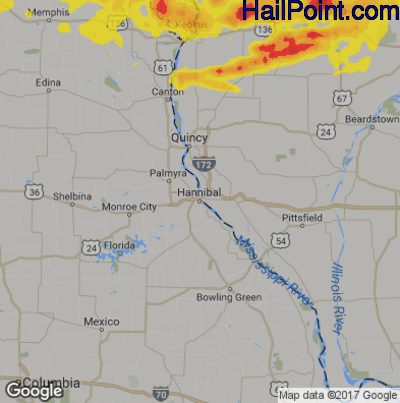 Hail Map for Hannibal, MS Region on June 25, 2019