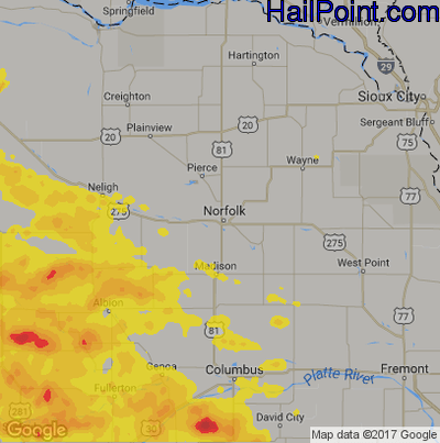 Hail Map for Norfolk, NE Region on June 26, 2019