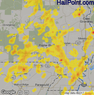 Hail Map for Poplar Bluff, MO Region on June 26, 2019