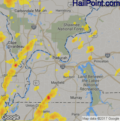 Hail Map for Paducah, KY Region on June 26, 2019