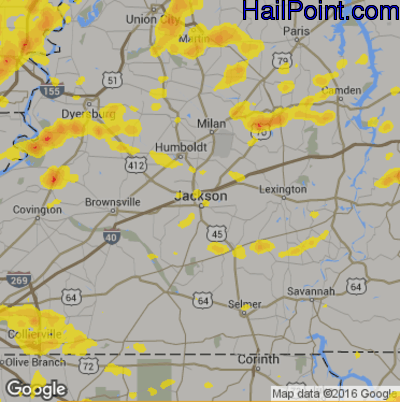 Hail Map for Jackson, TN Region on June 26, 2019