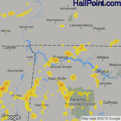 Hail Map for Florence, AL Region on June 27, 2019 